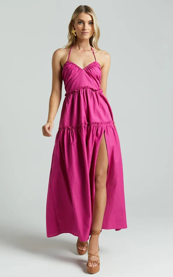 Showpo Amalie The Label 8211 Elysees Linen Blend Strappy Halter Midi Dress In Magenta Women Dresses