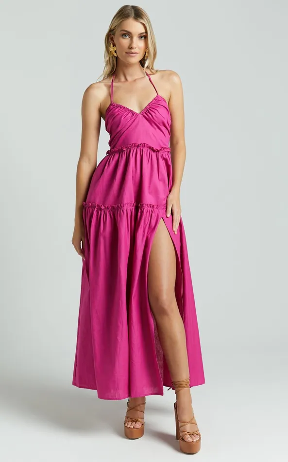 Showpo Amalie The Label 8211 Elysees Linen Blend Strappy Halter Midi Dress In Magenta Women Dresses