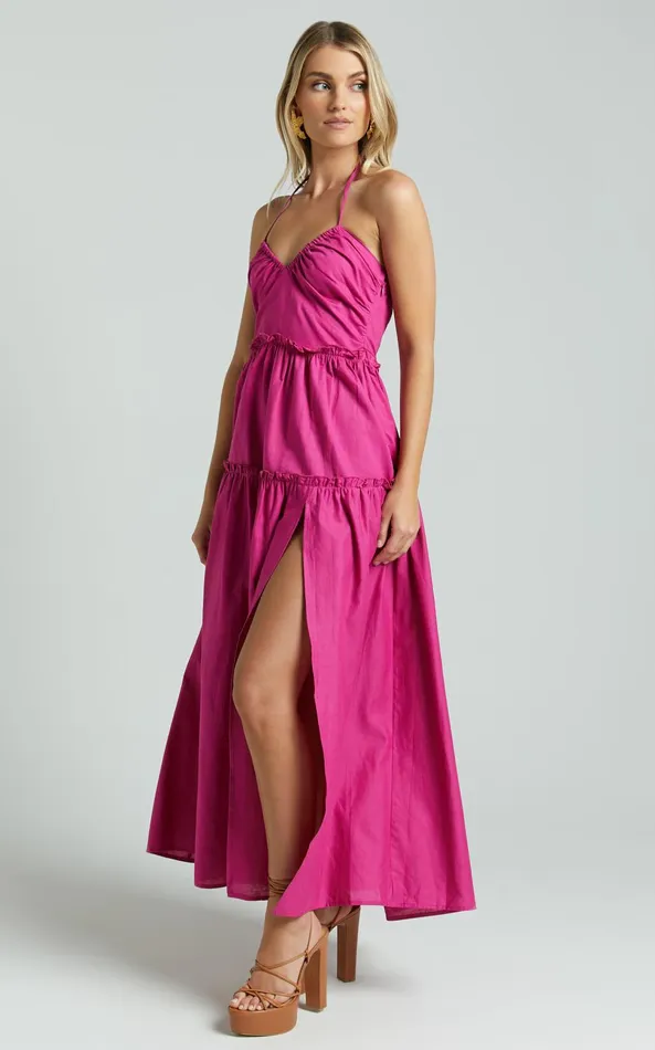 Showpo Amalie The Label 8211 Elysees Linen Blend Strappy Halter Midi Dress In Magenta Women Dresses