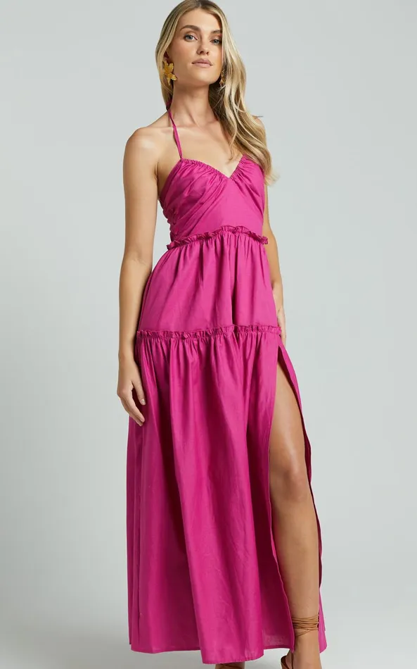 Showpo Amalie The Label 8211 Elysees Linen Blend Strappy Halter Midi Dress In Magenta Women Dresses