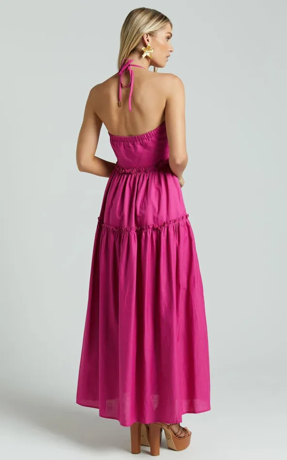 Showpo Amalie The Label 8211 Elysees Linen Blend Strappy Halter Midi Dress In Magenta Women Dresses