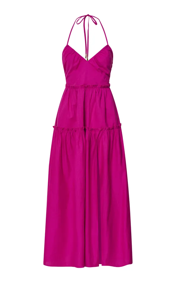 Showpo Amalie The Label 8211 Elysees Linen Blend Strappy Halter Midi Dress In Magenta Women Dresses
