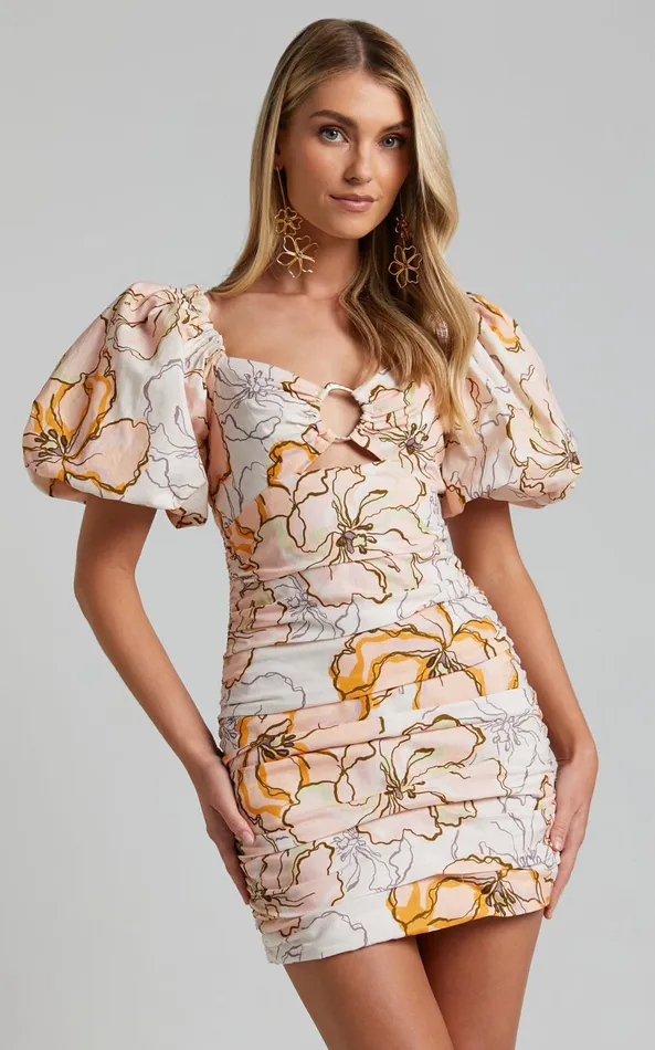 Showpo Amalie The Label 8211 Emerita Linen Blend O Detail Puff Sleeve Ruched Mini Dress In Maison Fleur Women Curve Clothes