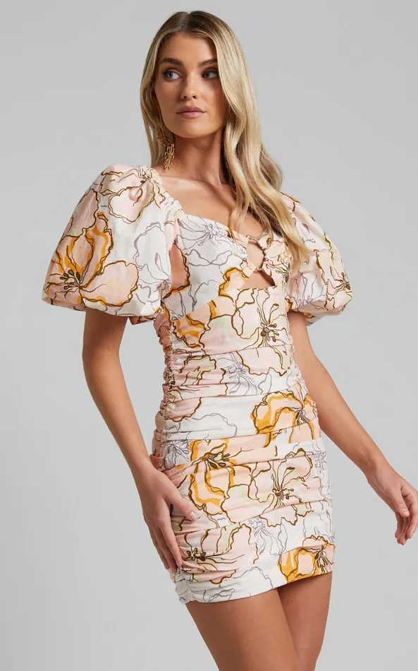 Showpo Amalie The Label 8211 Emerita Linen Blend O Detail Puff Sleeve Ruched Mini Dress In Maison Fleur Women Curve Clothes