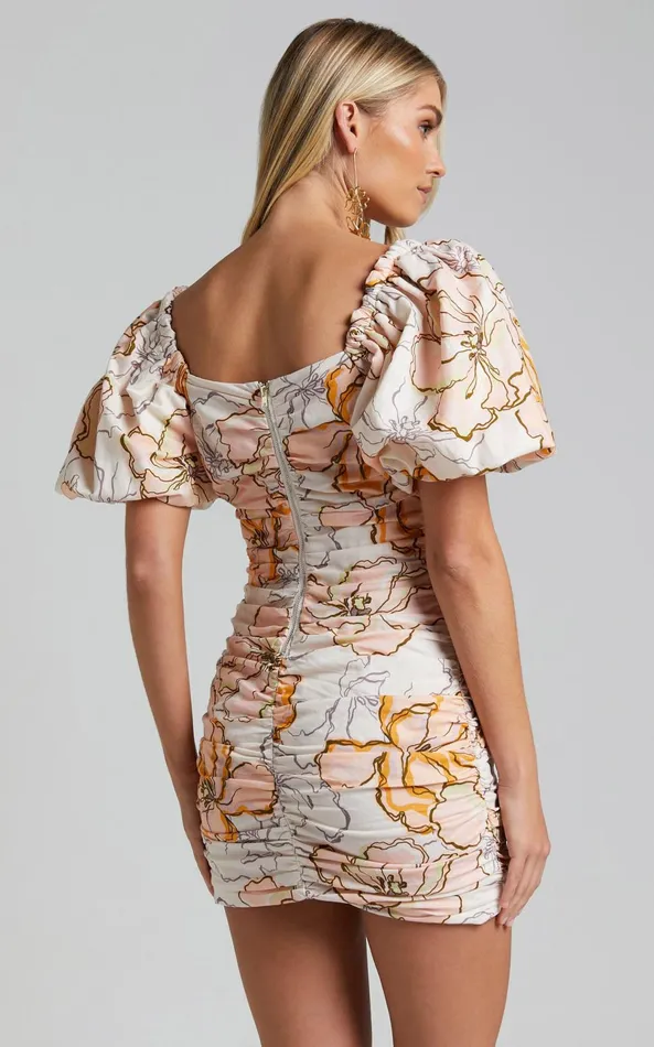 Showpo Amalie The Label 8211 Emerita Linen Blend O Detail Puff Sleeve Ruched Mini Dress In Maison Fleur Women Curve Clothes
