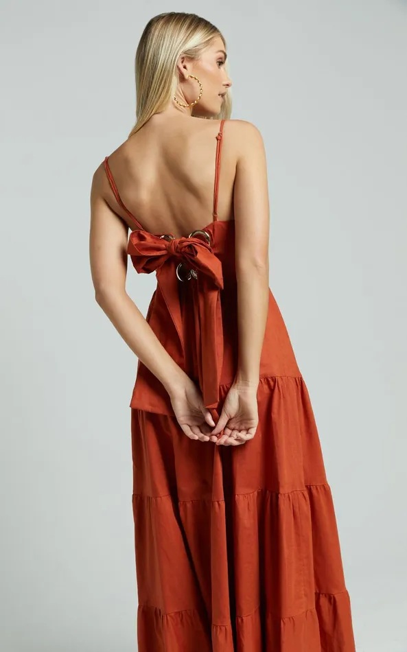 Showpo Amalie The Label 8211 Emerita Linen Blend Sweetheart Twist Front Tie Back Midi Dress In Burnt Sienna Women Curve Clothes