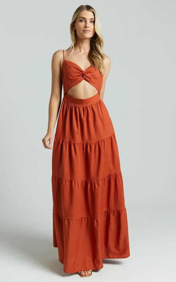 Showpo Amalie The Label 8211 Emerita Linen Blend Sweetheart Twist Front Tie Back Midi Dress In Burnt Sienna Women Curve Clothes