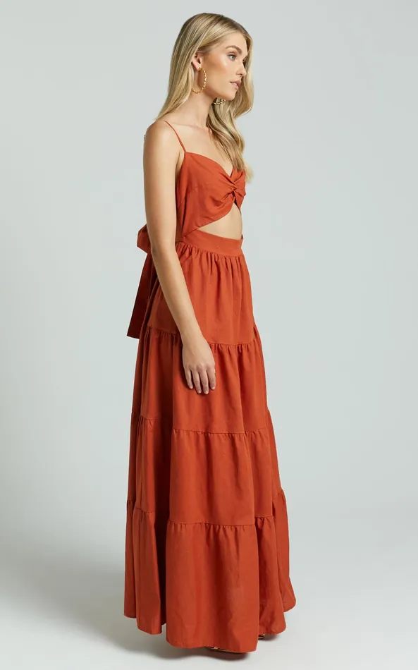 Showpo Amalie The Label 8211 Emerita Linen Blend Sweetheart Twist Front Tie Back Midi Dress In Burnt Sienna Women Curve Clothes