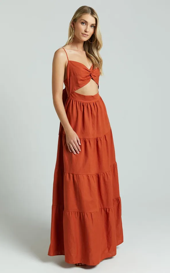 Showpo Amalie The Label 8211 Emerita Linen Blend Sweetheart Twist Front Tie Back Midi Dress In Burnt Sienna Women Curve Clothes