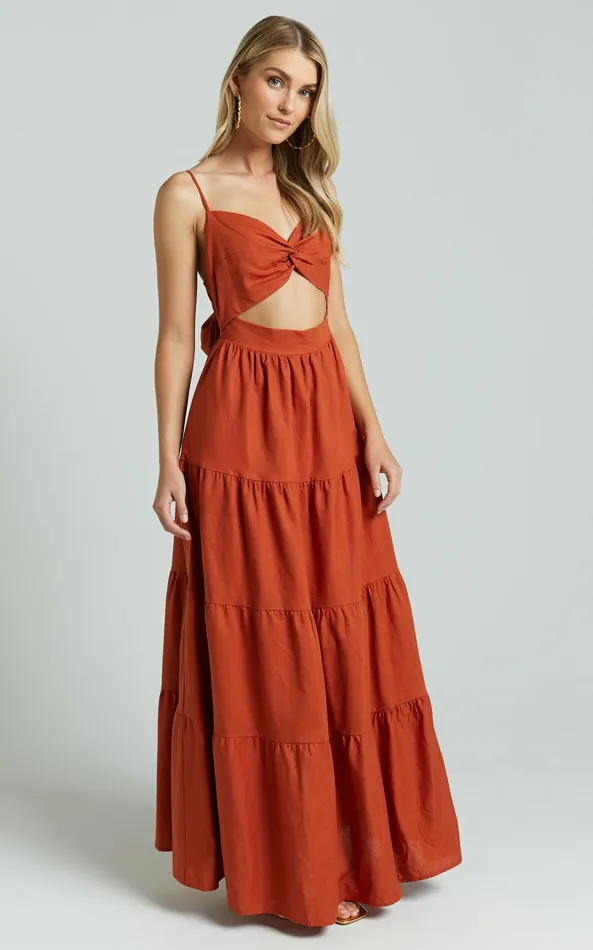 Showpo Amalie The Label 8211 Emerita Linen Blend Sweetheart Twist Front Tie Back Midi Dress In Burnt Sienna Women Curve Clothes