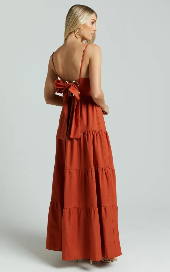 Showpo Amalie The Label 8211 Emerita Linen Blend Sweetheart Twist Front Tie Back Midi Dress In Burnt Sienna Women Curve Clothes