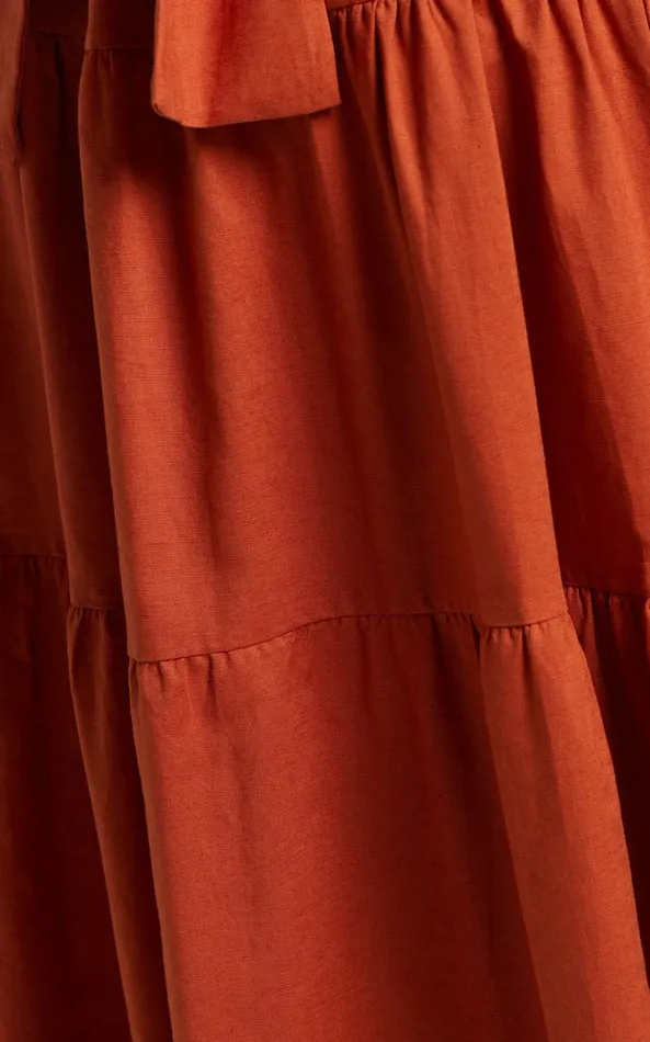 Showpo Amalie The Label 8211 Emerita Linen Blend Sweetheart Twist Front Tie Back Midi Dress In Burnt Sienna Women Curve Clothes