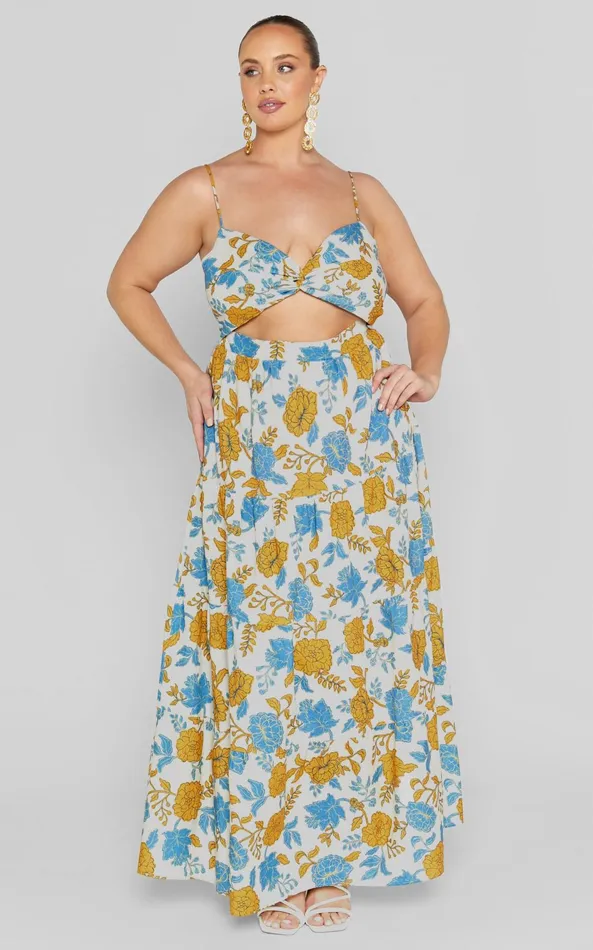 Showpo Amalie The Label 8211 Emerita Linen Blend Sweetheart Twist Front Tie Back Midi Dress In Valencia Floral Women Curve Clothes