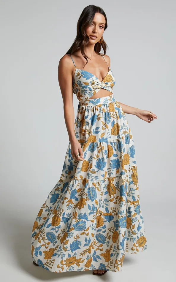 Showpo Amalie The Label 8211 Emerita Linen Blend Sweetheart Twist Front Tie Back Midi Dress In Valencia Floral Women Curve Clothes