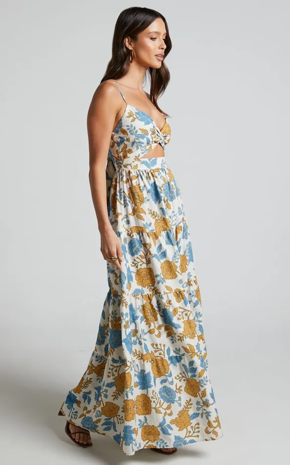 Showpo Amalie The Label 8211 Emerita Linen Blend Sweetheart Twist Front Tie Back Midi Dress In Valencia Floral Women Curve Clothes