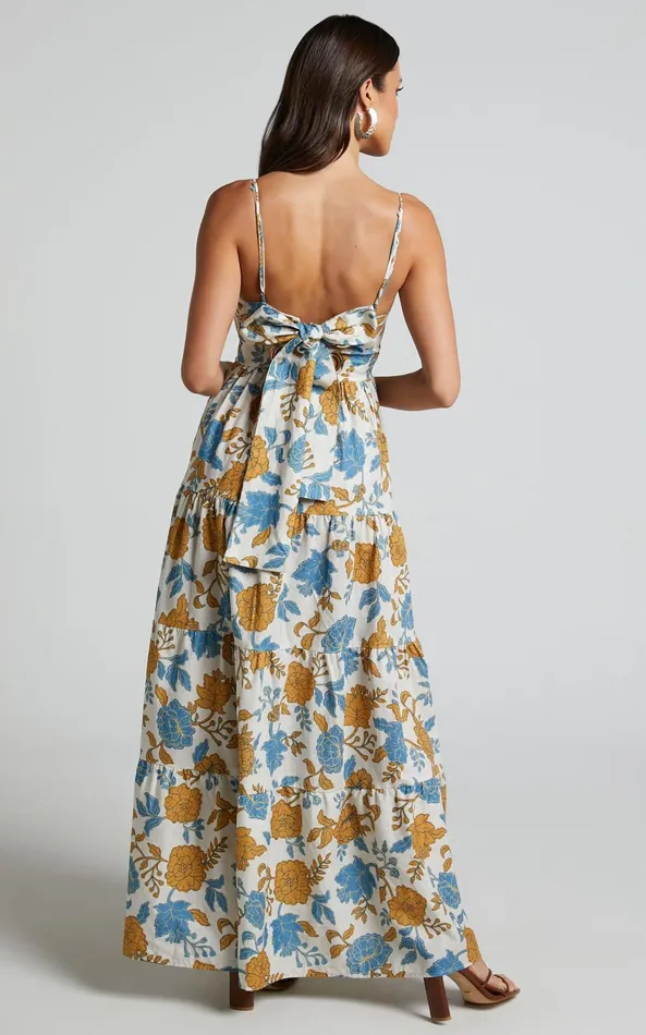 Showpo Amalie The Label 8211 Emerita Linen Blend Sweetheart Twist Front Tie Back Midi Dress In Valencia Floral Women Curve Clothes