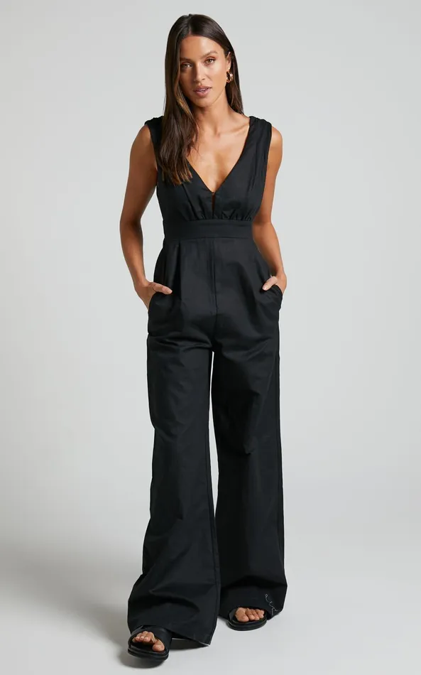 Showpo Amalie The Label 8211 Emiliana Linen Blend Plunge Wide Leg Jumpsuit In Black Women Jumpsuits
