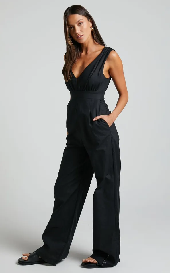 Showpo Amalie The Label 8211 Emiliana Linen Blend Plunge Wide Leg Jumpsuit In Black Women Jumpsuits