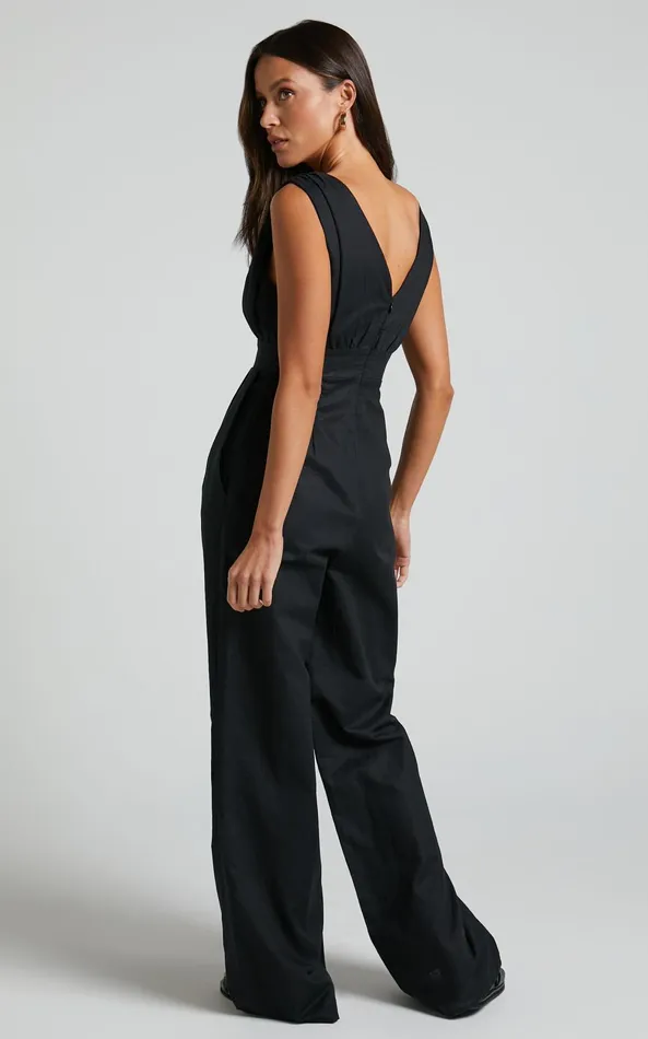 Showpo Amalie The Label 8211 Emiliana Linen Blend Plunge Wide Leg Jumpsuit In Black Women Jumpsuits
