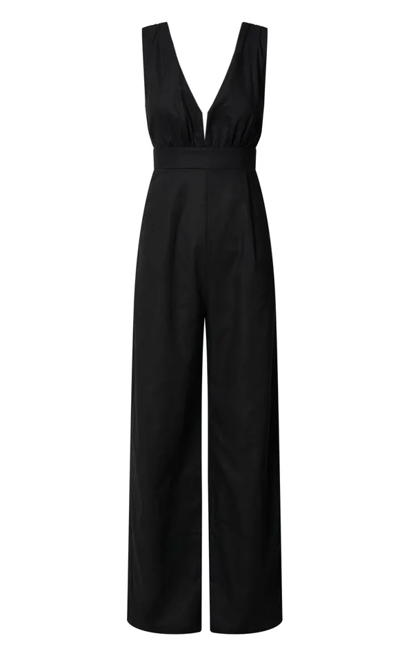 Showpo Amalie The Label 8211 Emiliana Linen Blend Plunge Wide Leg Jumpsuit In Black Women Jumpsuits