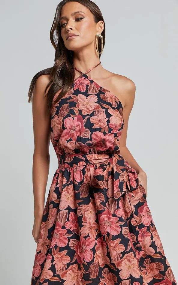 Showpo Amalie The Label 8211 Evangeline Linen Blend Halter Neck Maxi Dress In Atalie Print Women Dresses