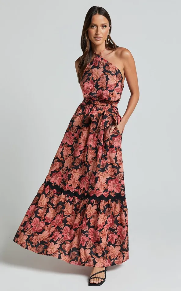 Showpo Amalie The Label 8211 Evangeline Linen Blend Halter Neck Maxi Dress In Atalie Print Women Dresses