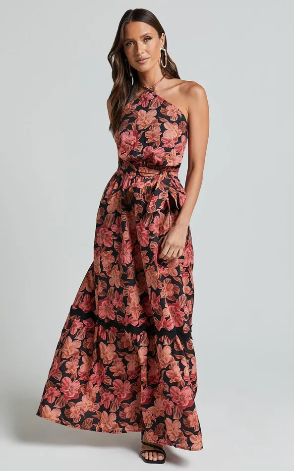 Showpo Amalie The Label 8211 Evangeline Linen Blend Halter Neck Maxi Dress In Atalie Print Women Dresses