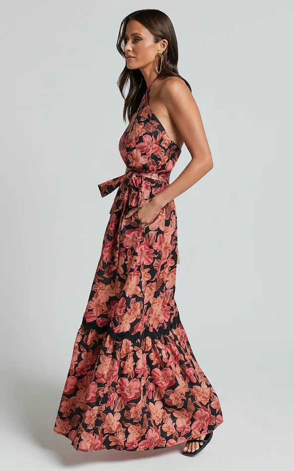 Showpo Amalie The Label 8211 Evangeline Linen Blend Halter Neck Maxi Dress In Atalie Print Women Dresses
