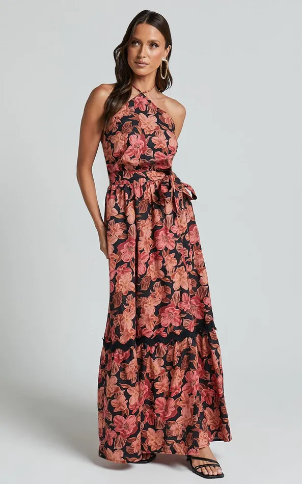 Showpo Amalie The Label 8211 Evangeline Linen Blend Halter Neck Maxi Dress In Atalie Print Women Dresses