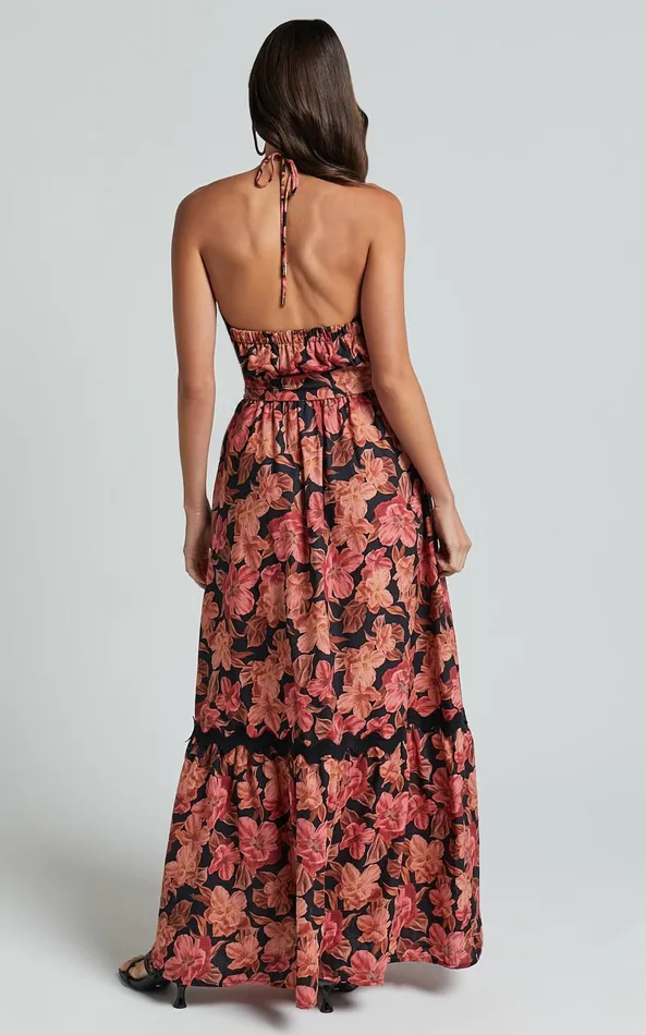 Showpo Amalie The Label 8211 Evangeline Linen Blend Halter Neck Maxi Dress In Atalie Print Women Dresses