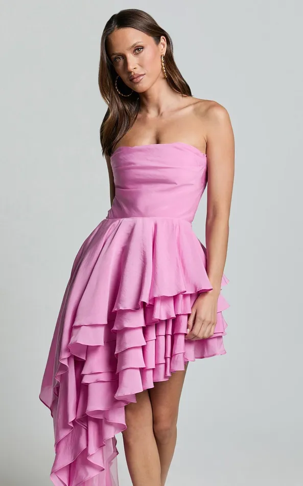 Showpo Amalie The Label 8211 Everly Strapless Asymmetrical Tiered Mini Dress In Pink Women Curve Clothes