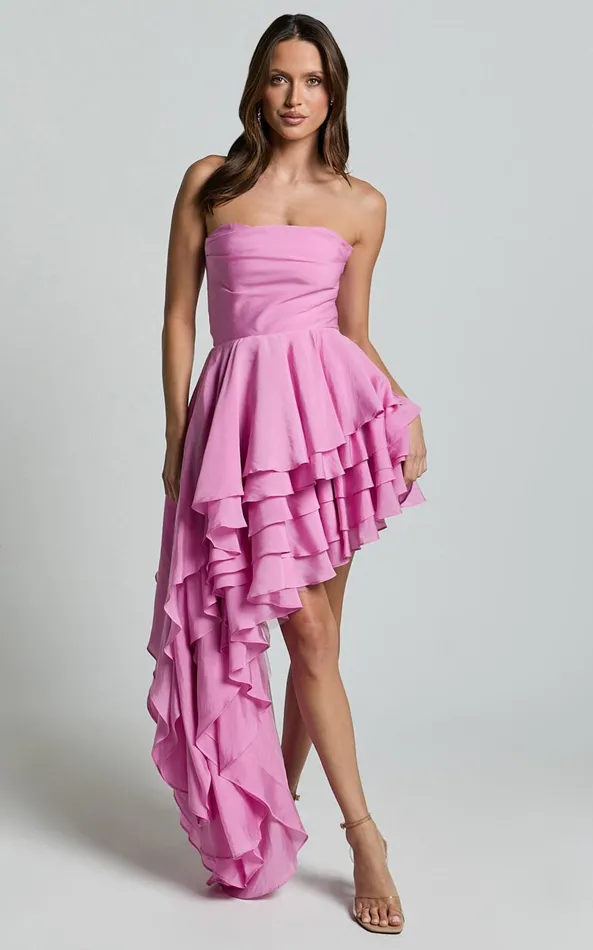 Showpo Amalie The Label 8211 Everly Strapless Asymmetrical Tiered Mini Dress In Pink Women Curve Clothes