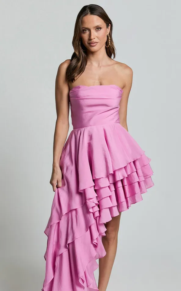 Showpo Amalie The Label 8211 Everly Strapless Asymmetrical Tiered Mini Dress In Pink Women Curve Clothes