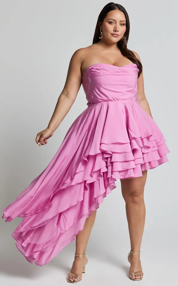 Showpo Amalie The Label 8211 Everly Strapless Asymmetrical Tiered Mini Dress In Pink Women Curve Clothes