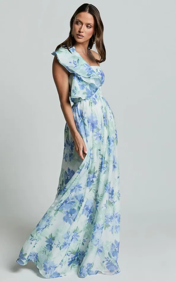Showpo Amalie The Label 8211 Fleur Halter Ruffle Detail A Line Maxi Dress In Elysian Print Women Dresses