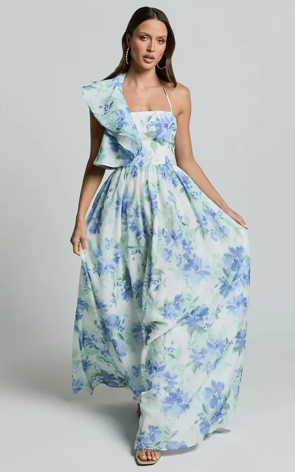 Showpo Amalie The Label 8211 Fleur Halter Ruffle Detail A Line Maxi Dress In Elysian Print Women Dresses