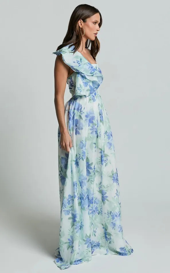 Showpo Amalie The Label 8211 Fleur Halter Ruffle Detail A Line Maxi Dress In Elysian Print Women Dresses