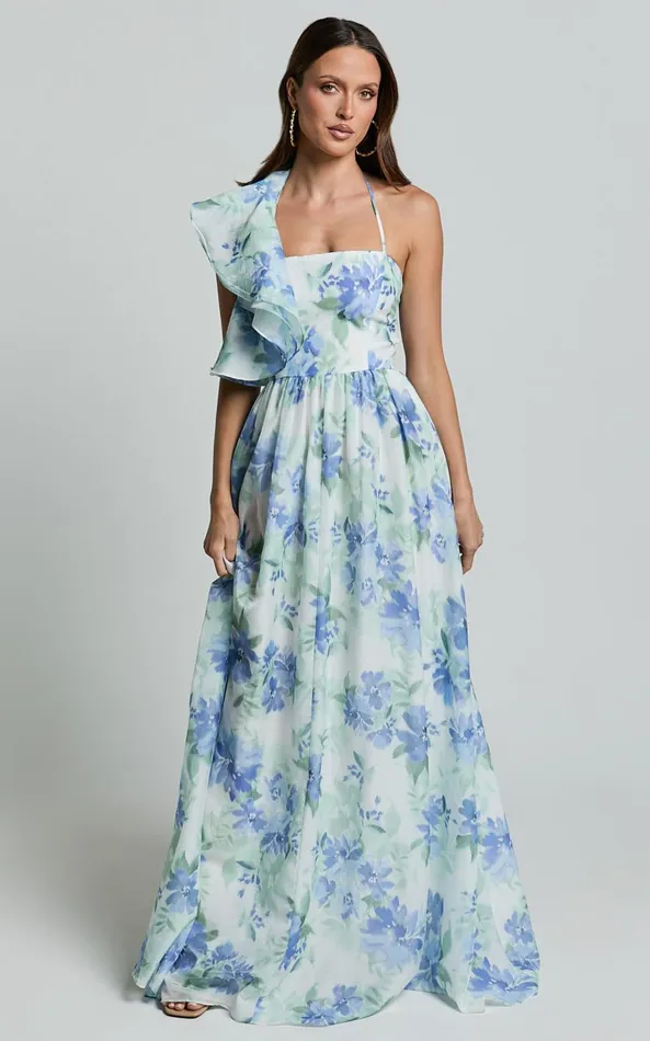 Showpo Amalie The Label 8211 Fleur Halter Ruffle Detail A Line Maxi Dress In Elysian Print Women Dresses
