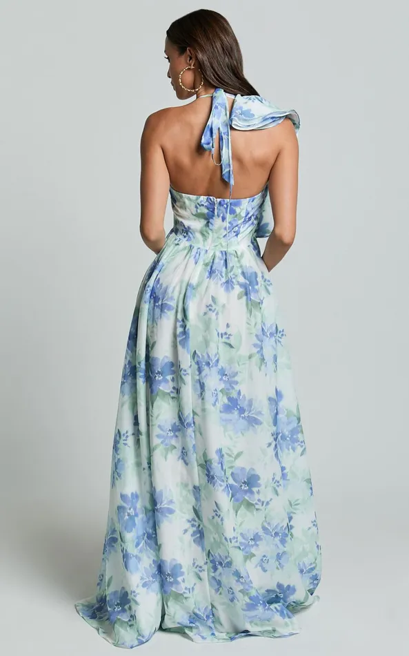 Showpo Amalie The Label 8211 Fleur Halter Ruffle Detail A Line Maxi Dress In Elysian Print Women Dresses