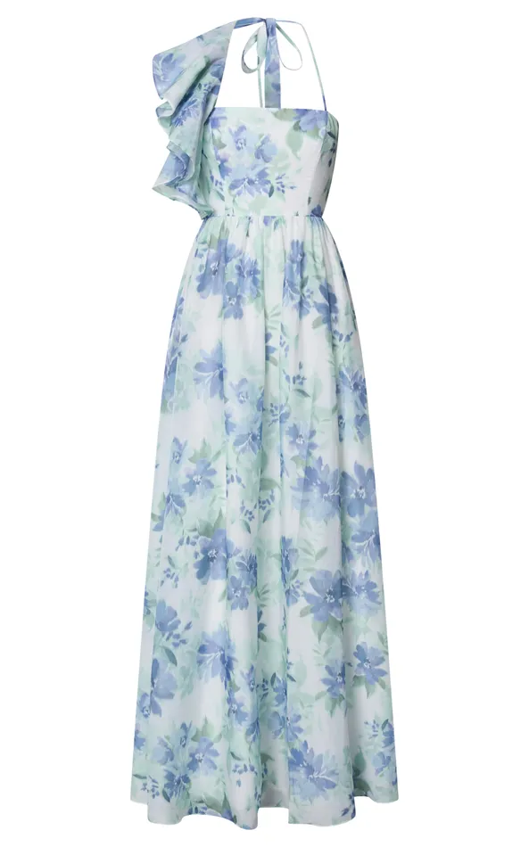 Showpo Amalie The Label 8211 Fleur Halter Ruffle Detail A Line Maxi Dress In Elysian Print Women Dresses