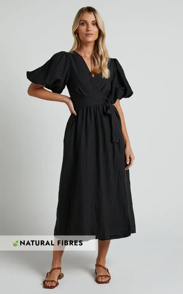 Showpo Amalie The Label 8211 Franc Linen Puff Sleeve Wrap Midi Dress In Black Women Dresses Showpo Amalie The Label 8211 Franc Linen Puff Sleeve Wrap Midi Dress In Black Women Dresses