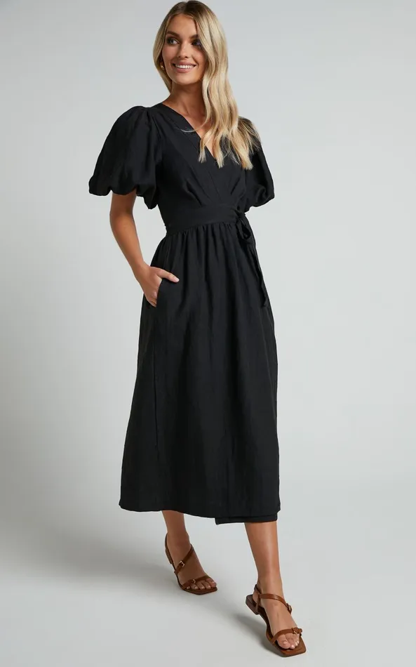 Showpo Amalie The Label 8211 Franc Linen Puff Sleeve Wrap Midi Dress In Black Women Dresses