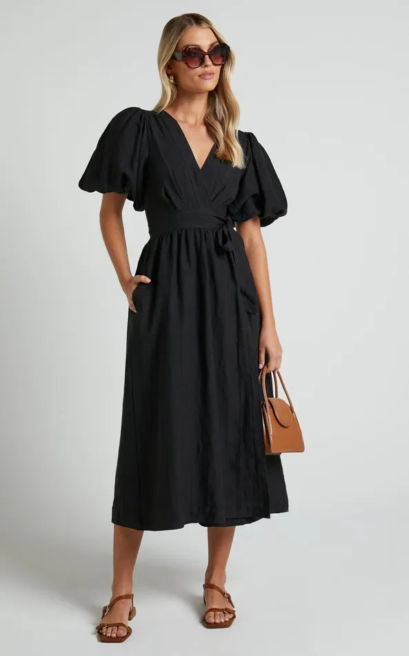 Showpo Amalie The Label 8211 Franc Linen Puff Sleeve Wrap Midi Dress In Black Women Dresses