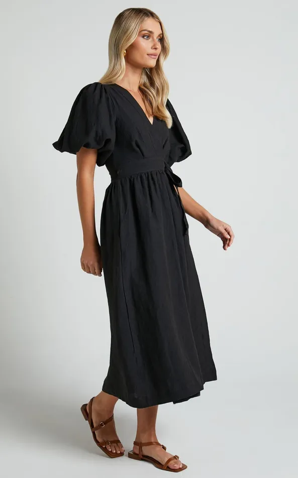 Showpo Amalie The Label 8211 Franc Linen Puff Sleeve Wrap Midi Dress In Black Women Dresses