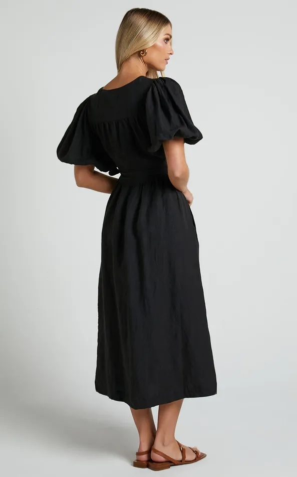 Showpo Amalie The Label 8211 Franc Linen Puff Sleeve Wrap Midi Dress In Black Women Dresses