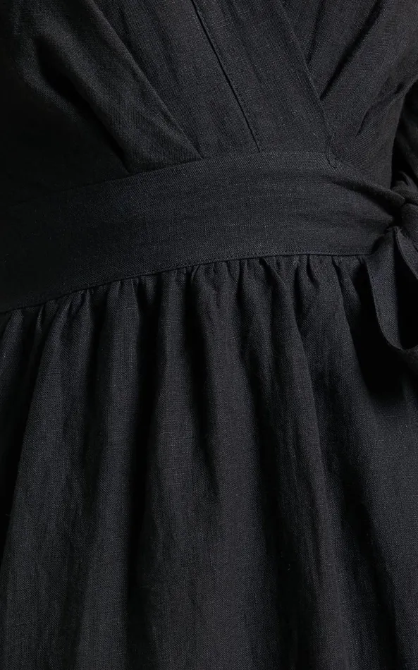 Showpo Amalie The Label 8211 Franc Linen Puff Sleeve Wrap Midi Dress In Black Women Dresses