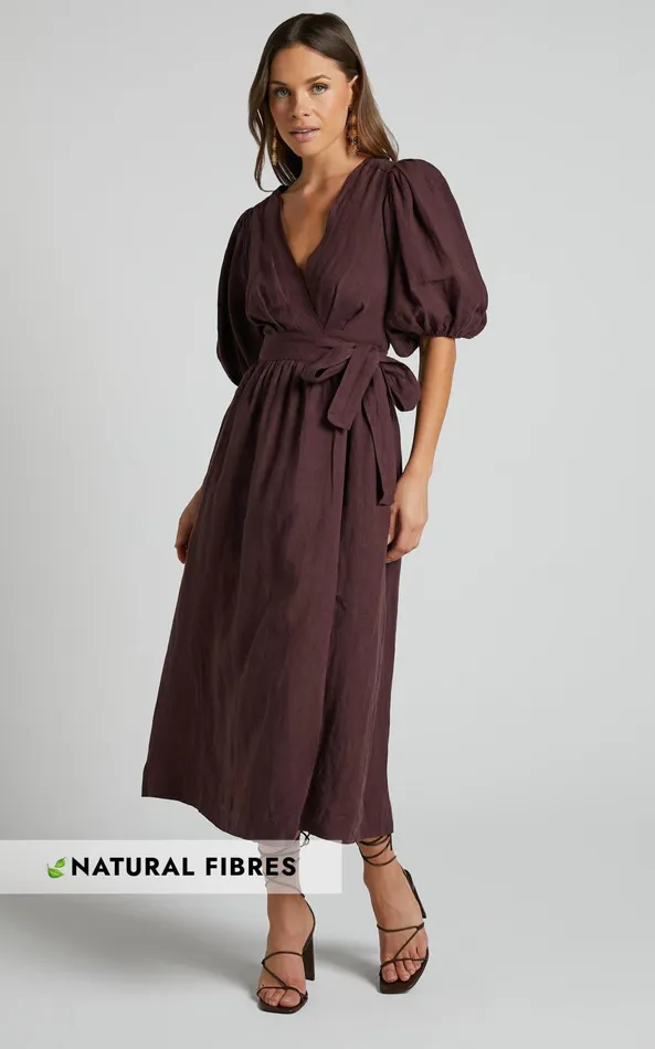 Showpo Amalie The Label 8211 Franc Linen Puff Sleeve Wrap Midi Dress In Dark Plum Women Curve Clothes Showpo Amalie The Label 8211 Franc Linen Puff Sleeve Wrap Midi Dress In Dark Plum Women Curve Clothes