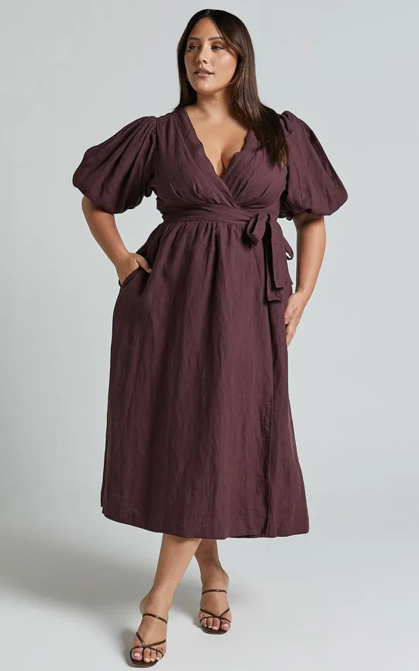 Showpo Amalie The Label 8211 Franc Linen Puff Sleeve Wrap Midi Dress In Dark Plum Women Curve Clothes
