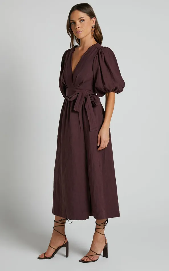 Showpo Amalie The Label 8211 Franc Linen Puff Sleeve Wrap Midi Dress In Dark Plum Women Curve Clothes