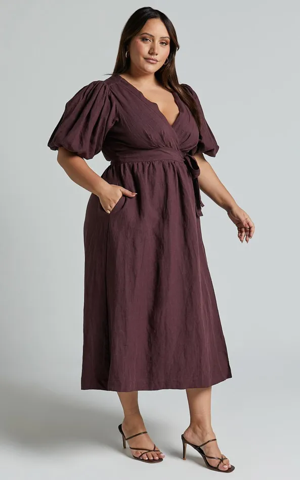 Showpo Amalie The Label 8211 Franc Linen Puff Sleeve Wrap Midi Dress In Dark Plum Women Curve Clothes